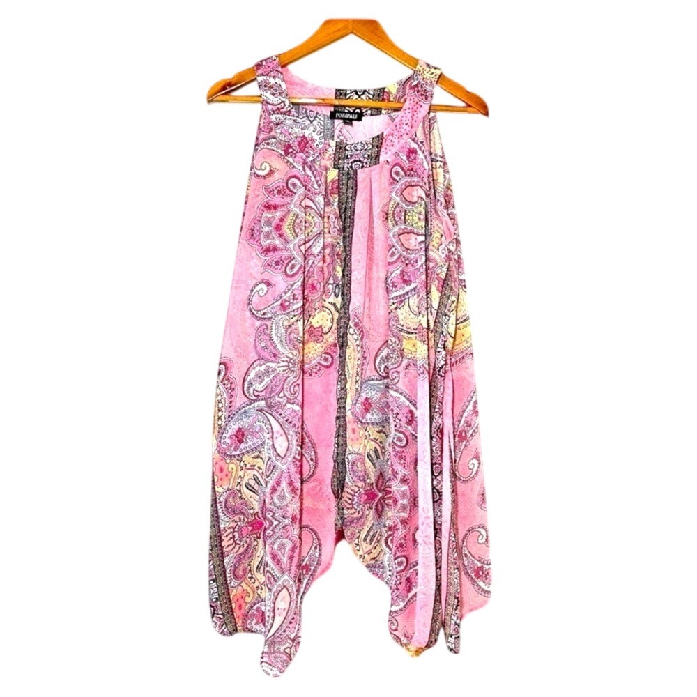 Roz & Ali Paisley Handkerchief Top Womens XL Pink Excellent Boho Rhinestone Tank